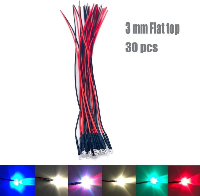 Cleiscry 30pcs 12 Volt 3mm Flat top White LED Lights Emitting Diodes Pre Wired 7.9 Inch DC 12V LED Light Water Clear Lens Small LED Lamps (3mm Flat top, White (30pcs)) - Image 1